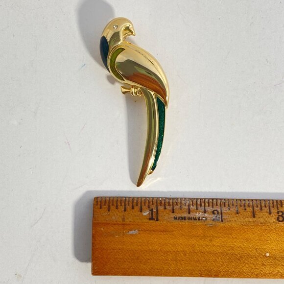 Liz Claiborne Parrot Bird Rhinestone Eye Green Enamel Gold Tone Brooch Pin 2.5in - Picture 8 of 8